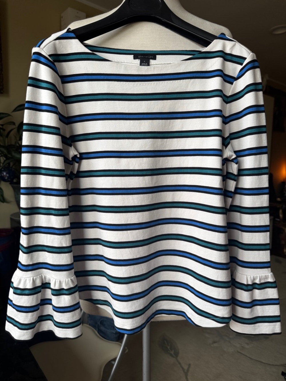 Ann Taylor White Long-Sleeve Top with Navy & Teal Stripes